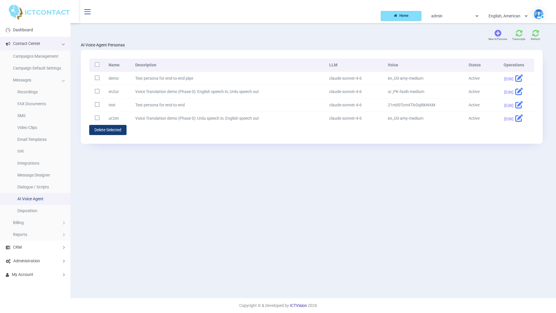 AI persona list screen in ICTContact