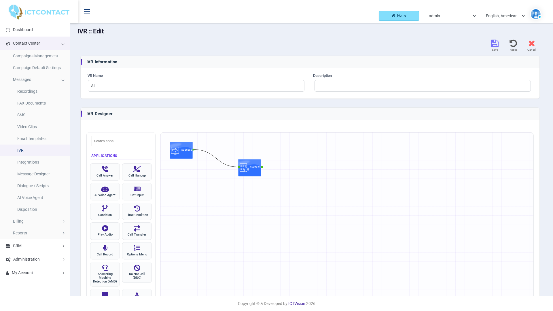 IVR Designer with the AI Voice Agent node in the toolbox