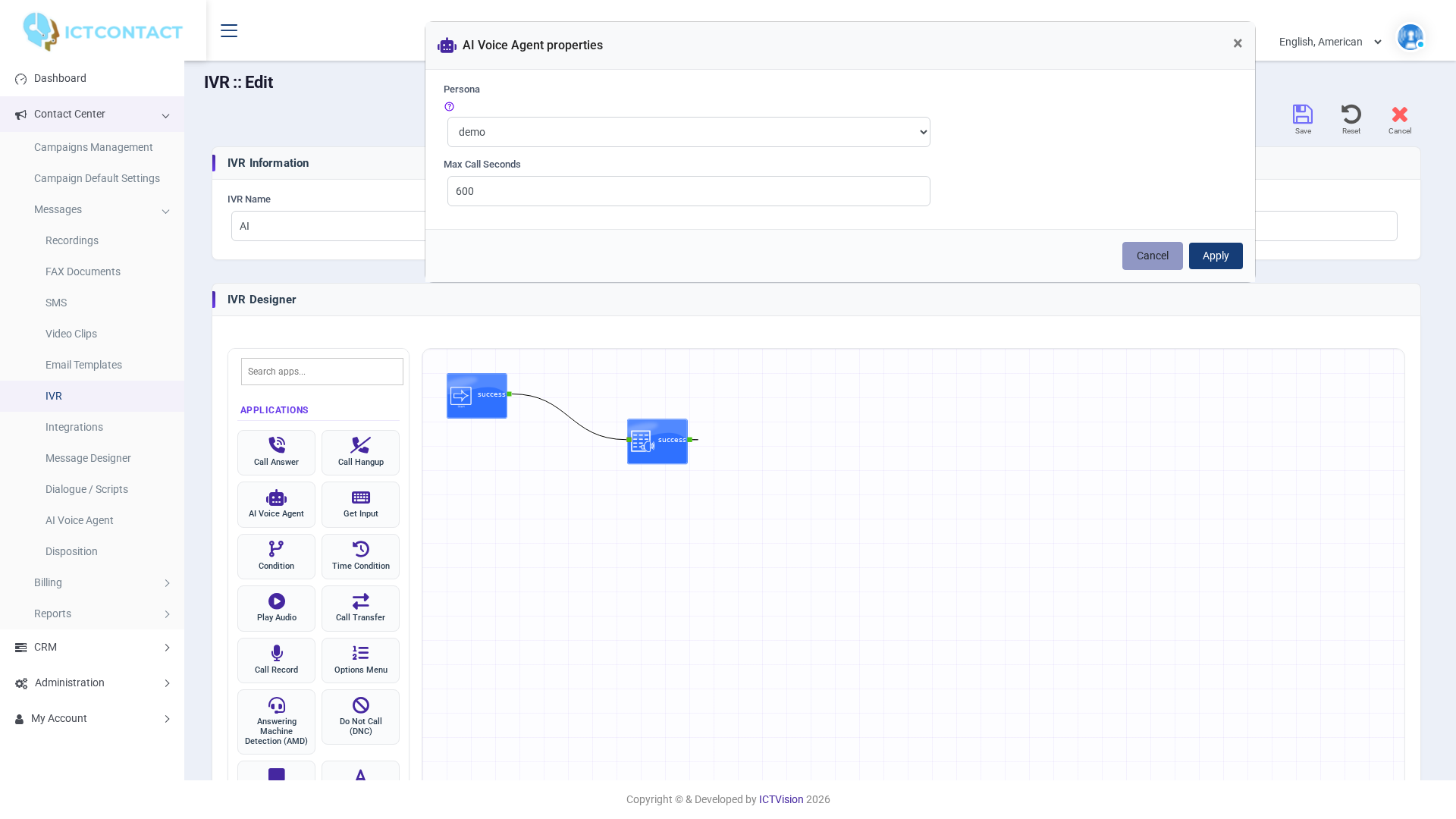 AI Voice Agent node properties dialog