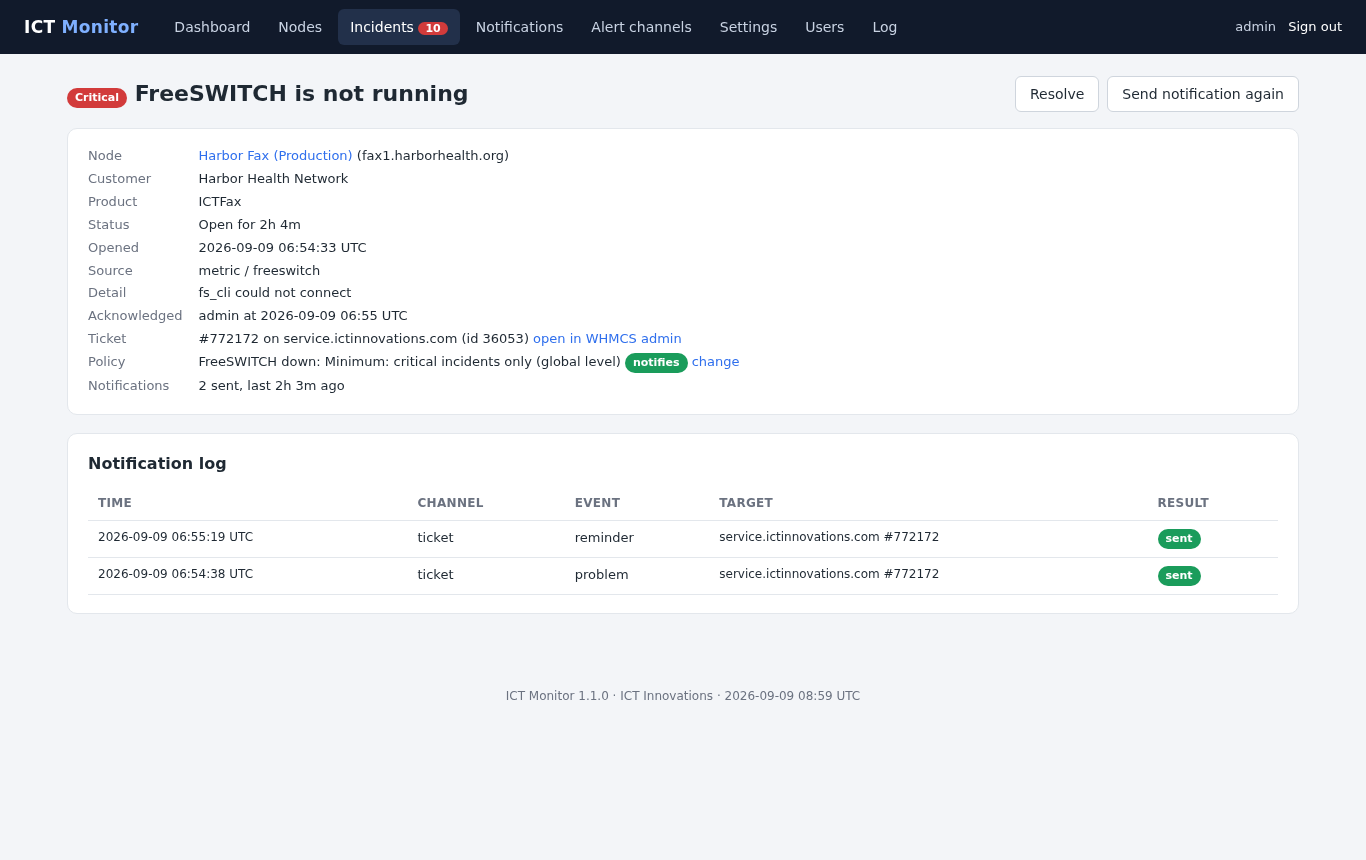An ICT Monitor incident for FreeSWITCH not running, showing the node, the detail fs_cli could not connect, the help desk ticket number and a notification log with the problem and recovery notices