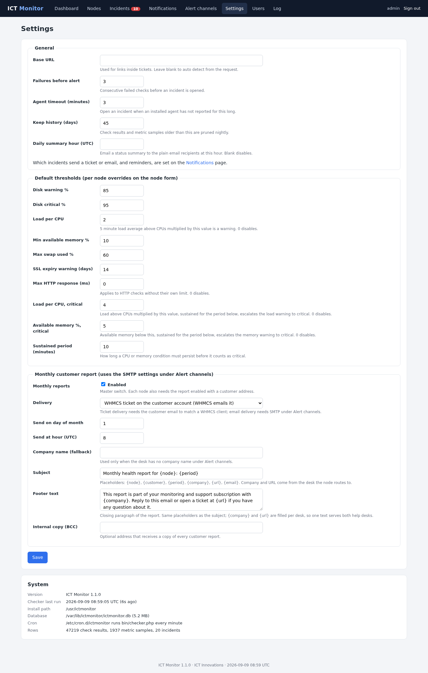 The ICT Monitor settings page showing configurable warning and critical thresholds for disk, load, memory, swap, certificate expiry and response time